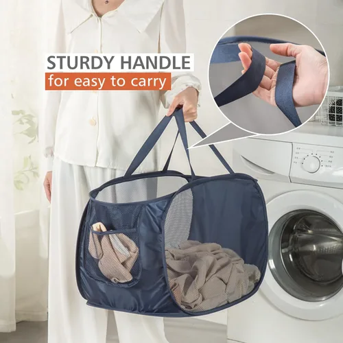 Miniatura 3 de HONOMA Cesta de malla resistente para lavandería, cesta desplegable con bolsillo lateral para cuarto de servicio, baño, habitación de los niños, Gris