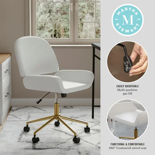 Miniatura 4 de Martha Stewart Tyla Silla giratoria sin brazos para oficina en casa en piel sintética blanca con marco de latón pulido Piel sintética blanca/latón