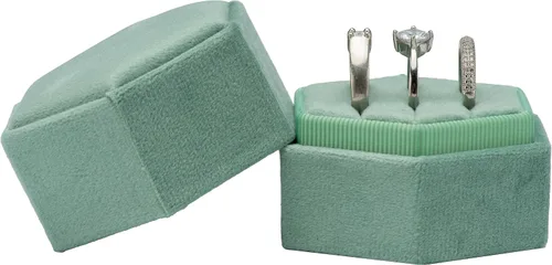 Miniatura 2 de Caja hexagonal para anillos de terciopelo con 3 ranuras para ceremonia de boda, propuesta, compromiso, cumpleaños (verde salvia)
