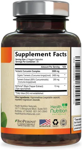 Miniatura 9 de Suplemento de curcumina de cúrcuma de 2600 mg – 95% curcuminoides con cúrcuma orgánica y pimienta negra BioPerine para una mejor absorción, apoyo