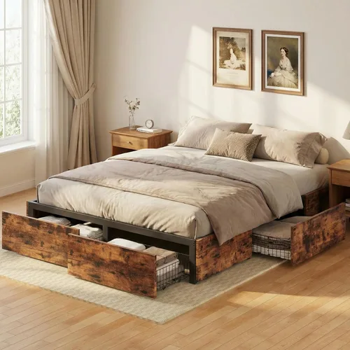 Miniatura 11 de LIKIMIO - Base de cama Queen con almacenamiento, 4 cajones y estructuras de soporte de metal pesado y resistente, estable y sólida, libre de ruidos