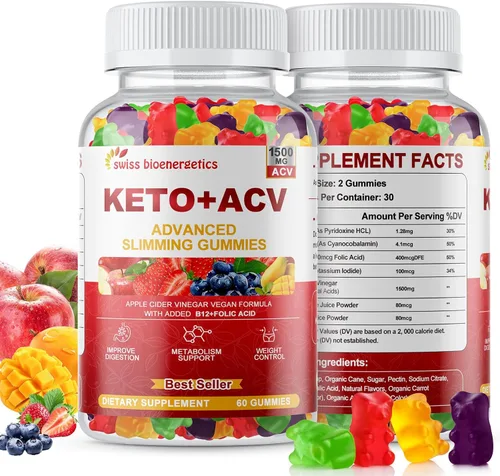 Gomitas Keto de vinagre de sidra de manzana, suplemento de dieta Keto ACV, gomitas avanzadas de 1500 mg ACV con folato, B12, B6 y soporte Keto para