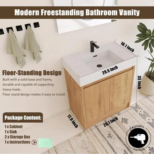 Miniatura 2 de Tocador de baño pequeño de 16 pulgadas con lavabo, tocador de baño independiente de 16" para espacios pequeños, gabinete de madera contrachapada