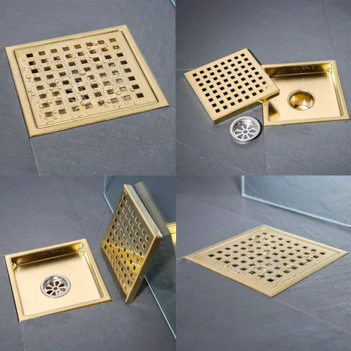 Miniatura 3 de Drenaje de ducha de 6 pulgadas en oro cepillado, kit de drenaje cuadrado para piso de ducha de acero inoxidable con rejilla de inserción de azulejos
