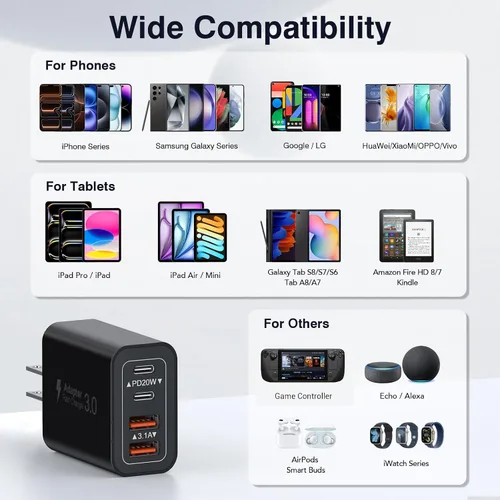 Miniatura 4 de [Paquete de 2/40W] Bloque de cargador de pared USB C de 4 puertos, cubo de carga rápida de ladrillo de alimentación tipo C Power Delivery, enchufe