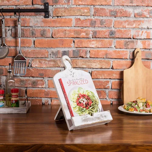 Miniatura 3 de MyGift Soporte para libro de recetas, soporte de libro de cocina estilo tabla de cortar de madera encalada, soportes de libro de madera para blanco