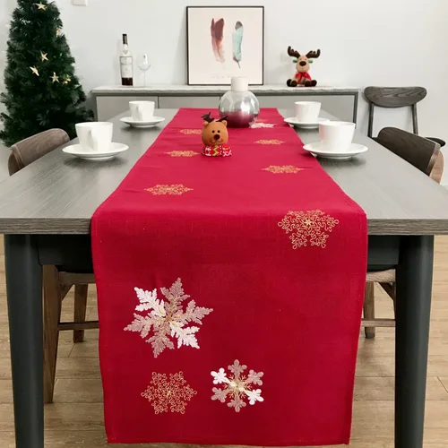 Miniatura 22 de Camino de mesa de Navidad 100% poliéster, bordado de encaje de Navidad, decoraciones de mesa de Navidad de 16 x 52 pulgadas, velas de pascua