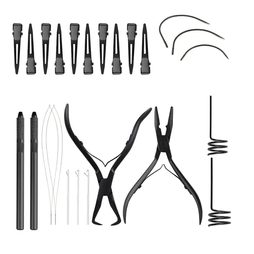 Miniatura 14 de Kit de herramientas de extensión de cabello, alicates de acero inoxidable de color tostado, micro cuentas, gancho removedor de bucle, clips