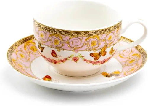 Grace Teaware - Taza de té y platillo de porcelana fina con adorno rosa con adornos dorados