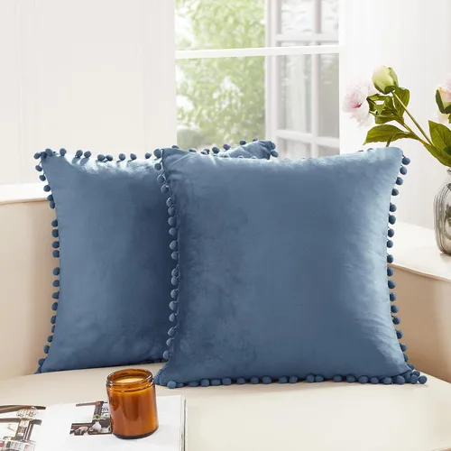 Miniatura 24 de Deconovo Juego de 2 fundas de almohada de terciopelo, 26 x 26 pulgadas, color azul, suaves pompones cuadrados con funda de cremallera oculta
