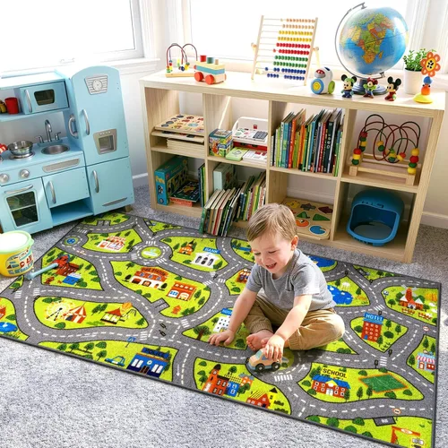 Miniatura 2 de STARUIA Alfombra de juego para niños, 60 x 32 pulgadas, ultra antideslizante, alfombra educativa para niños, alfombra de coche lavable