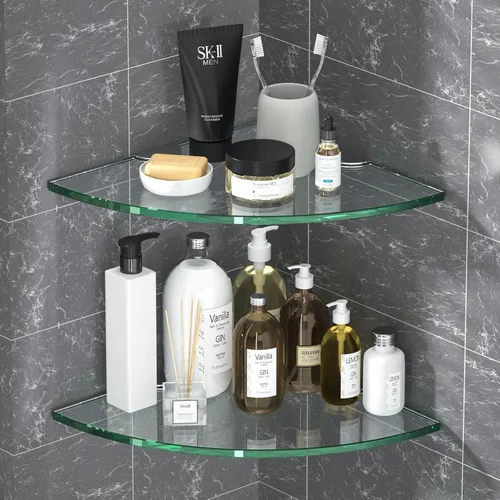 Organizador de ducha de cristal esquinero, paquete de 2 estantes de vidrio templado de 0.315 in de grosor, sin perforaciones, montaje en pared,