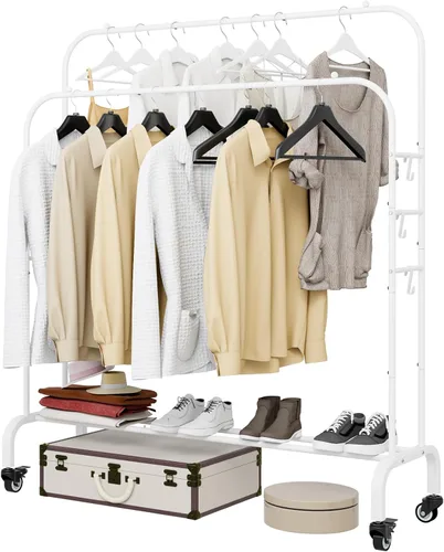 Miniatura 16 de SUOERNUO Perchero con ruedas para ropa, estante para colgar ropa resistente, estante metálico enrollable para dormitorio, armario (Negro)