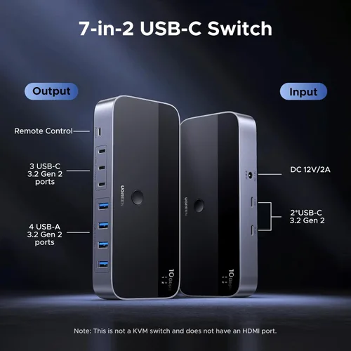 Miniatura 3 de UGREEN Interruptor USB 3.2 de 2 entradas y 7 salidas, interruptor de 10 Gbps para computadoras A o C compartiendo todos los dispositivos (4 A+3 C)