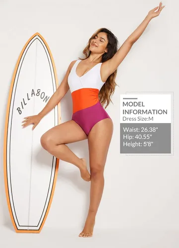 Miniatura 6 de BALEAF Traje de baño de una pieza con bloques de color para mujer, control de abdomen, espalda completa, cuello en V, modesto fruncido