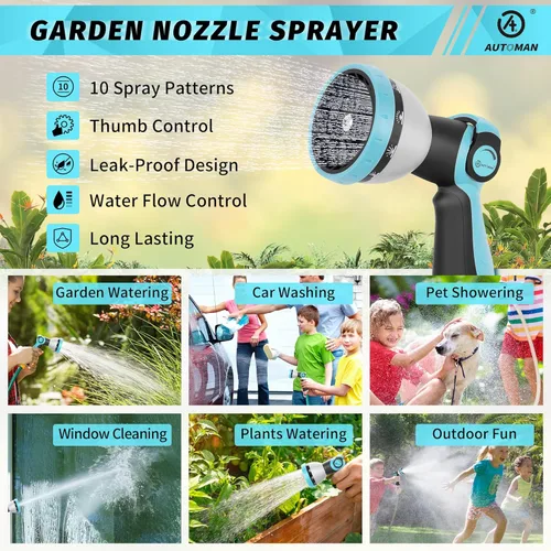 Miniatura 2 de AUTOMAN Boquilla rociadora para manguera de jardín - 10 patrones de rociado, alta presión, válvula de control con pulgar, boquilla de agua de metal