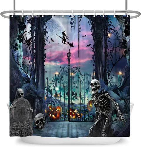 Miniatura 8 de Cortina de ducha de Halloween, cortinas de ducha de calabaza aterradora para baño, casa cazada de brujas, cortina de baño, cortina de baño