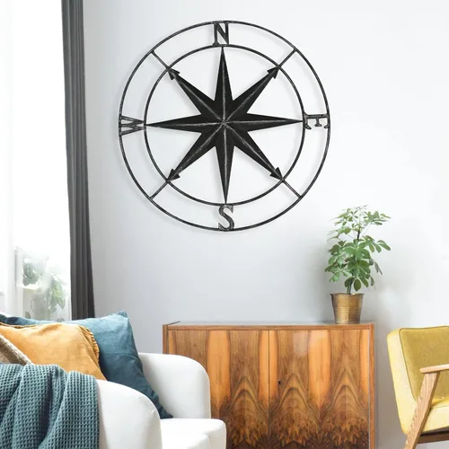 Miniatura 7 de aboxoo Brújula Redonda de Metal Brújula Decorativa de Metal Arte de Pared Colgante Escultura de Pared 11 Pulgadas Diámetro Negro Decoración