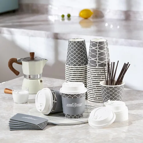 Miniatura 3 de JOLLY PARTY [100 Sets] Tazas de papel para café de 10 onzas, tazas de café desechables con tapas, fundas y popotes, tazas para bebidas