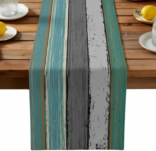 Miniatura 22 de Ocean Hues Farmhouse - Camino de mesa de lino y algodón, estilo retro, con textura de madera de granero rústica, degradado, azul, gris, Azul