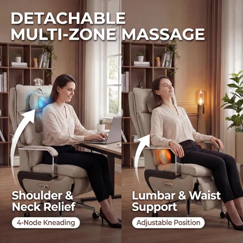 Miniatura 6 de Silla de oficina reclinable ejecutiva de doble motor con reposapiés, reclinable eléctrico con un solo clic, soporte lumbar de masaje y almohada