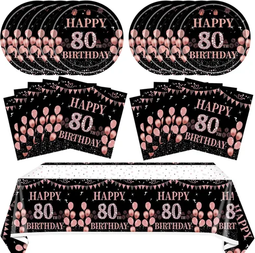 Miniatura 15 de 41 piezas de decoraciones de 90 cumpleaños para mujeres, platos y servilletas de 90 cumpleaños en negro y oro rosa, juego de vajilla de feliz