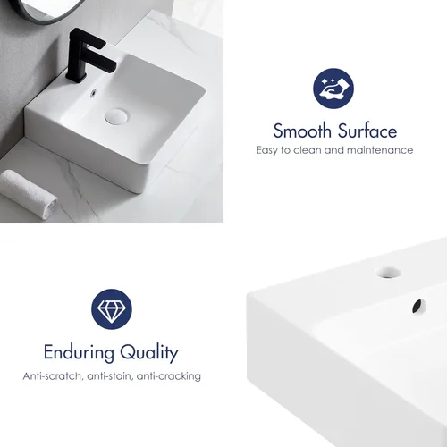 Miniatura 7 de Lavabo Rectangular de Baño de 16" x 16", Eridanus Lavabos de Montaje en Pared Lavabo Flotante de Encimera con Rebosadero, Cerámica Blanca Tipo