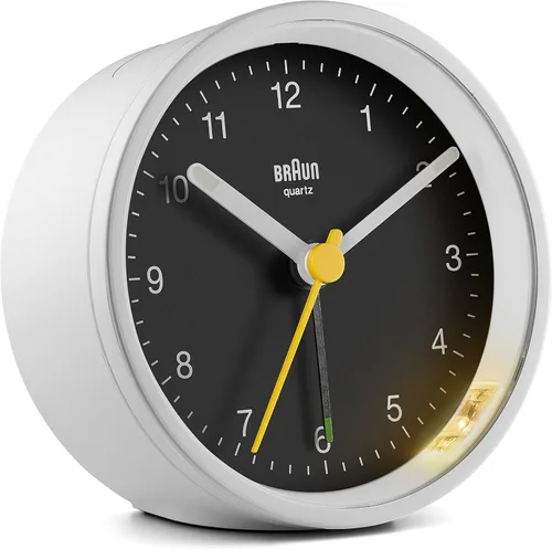 Miniatura 16 de Braun Classic - Reloj despertador analógico con repetición y luz, movimiento silencioso de cuarzo, alarma de pitido creciente en gris, modelo BC12G.