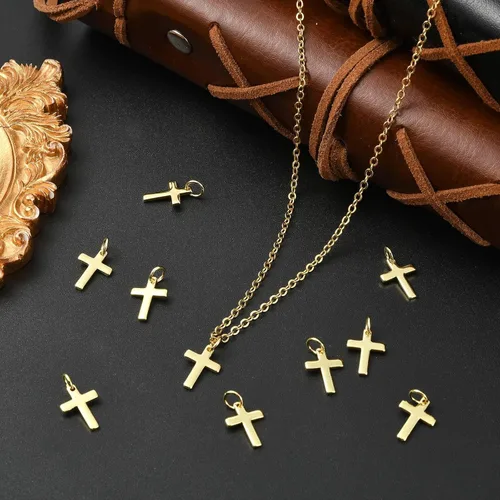 Miniatura 4 de Airssory 10 dijes de cruz diminutas de 0.492 x 0.354 in, latón chapado en oro, de metal, delicados, minimalistas, simples colgantes para fe