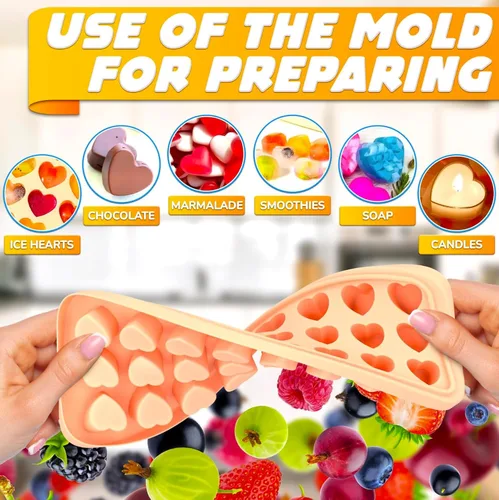 Miniatura 6 de Bandeja para cubitos de hielo con tapa – Molde de silicona de 24 cavidades para forma de corazón y dulces – Moldes flexibles, resistentes al calor e
