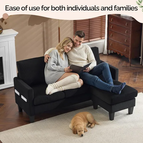 Miniatura 8 de VINGLI Sofá en forma de L de 68.5 pies con otomana de almacenamiento móvil, sofá modular convertible en tela de pana suave, moderno sillón Negro