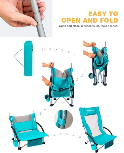 Miniatura 7 de KingCamp Paquete de 2 sillas de playa ligeras y plegables con respaldo alto con soporte para tazas, bolsa de almohada para acampar al aire libre