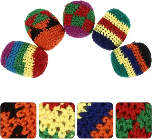 Miniatura 9 de Puf para exteriores, 5 piezas, divertidos sacos de bolas de hacky, colores assoerted, tejidos, kickball, bolas de punto suave para principiantes al