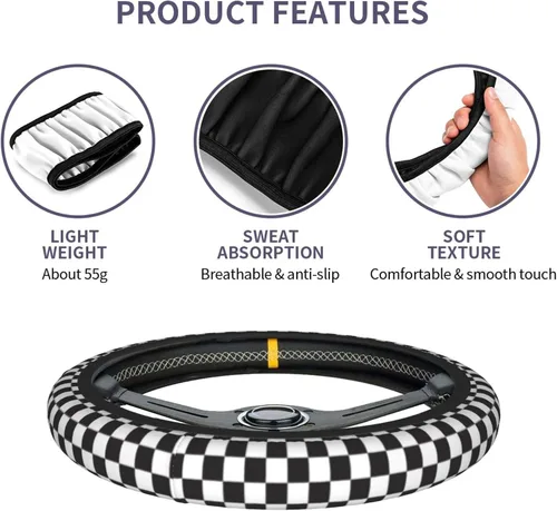 Miniatura 5 de Funda de volante para mujeres y hombres, tablero de ajedrez a cuadros en blanco y negro, protector de volante de neopreno, ajuste universal
