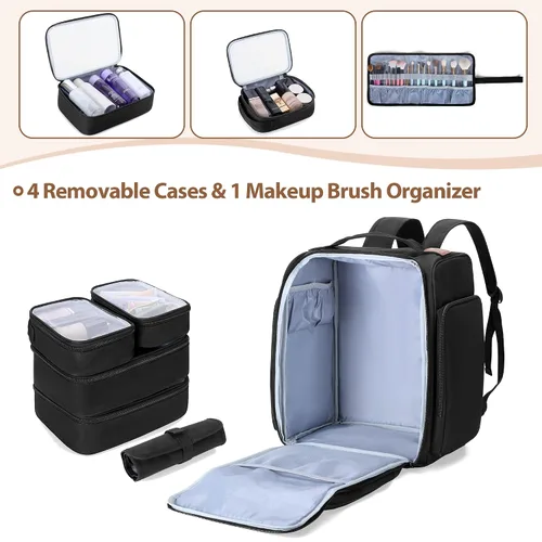 Miniatura 3 de BAFASO Mochila de maquillaje con 4 bolsas extraíbles y 1 bolsa para cepillos, estuche de maquillaje de viaje con múltiples espacios