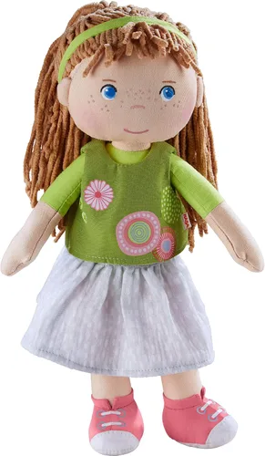 HABA Muñeca de bebé blanda de 12" Hedda con cabello marrón, ojos azules y cara bordada, muñeca para niños pequeños lavable para 18 meses+