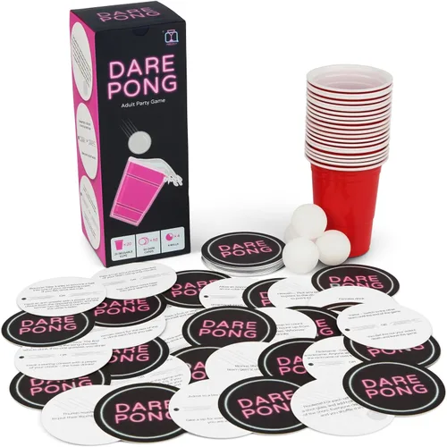 Miniatura 7 de Dare Pong - Juego completo de pong de cerveza y 50 posavasos con desafíos, juegos de beber perfectos y divertidos, juegos de mesa para adultos
