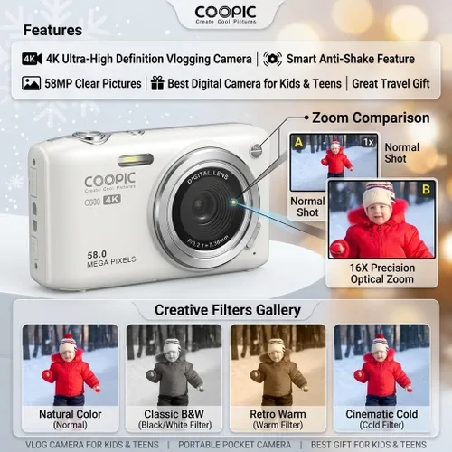 Miniatura 3 de Cámara digital de 58 MP de video 4K, cámara de enfoque automático COOPIC C600 para apuntar y disparar con antivibración para vlogging, viajes