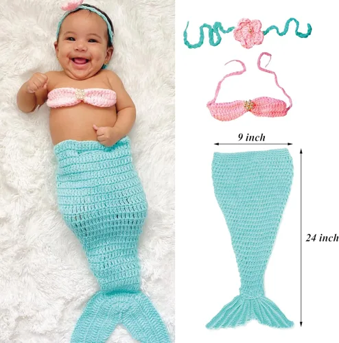 Miniatura 4 de M&G House Fotografía de recién nacido, traje de accesorios para bebé, disfraz de foto, juego de sirena de ganchillo hecho a mano para niñas, diadema