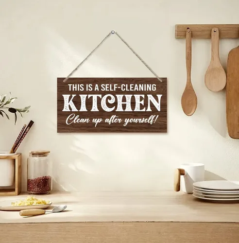 Miniatura 3 de Kitchen Rules - Letrero decorativo de madera con texto en inglés "This is a Self-Cleaning Kitchen, placa de madera impresa colgante, letrero