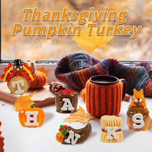 Miniatura 7 de Bbiamsleep Centro de mesa de Acción de Gracias, calabaza, pavo, juego de 6 figuras de resina de otoño pintadas a mano con grabado de agradecimiento