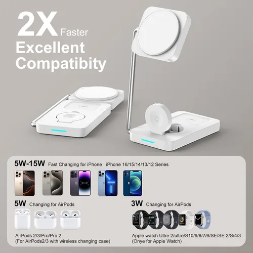 Miniatura 7 de Estación de carga inalámbrica 3 en 1, cargador inalámbrico magnético plegable PD20W para dispositivos Apple iPhone 12-16 Series Apple Watch AirPods
