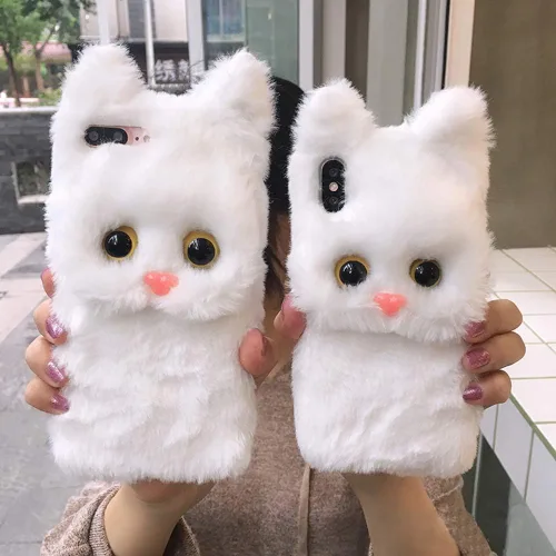 Miniatura 6 de UnnFiko Funda de felpa suave y cálida de invierno compatible con iPhone 6 y 6s, fundas de gato mullido, de piel esponjosa, hechas a mano para niñas