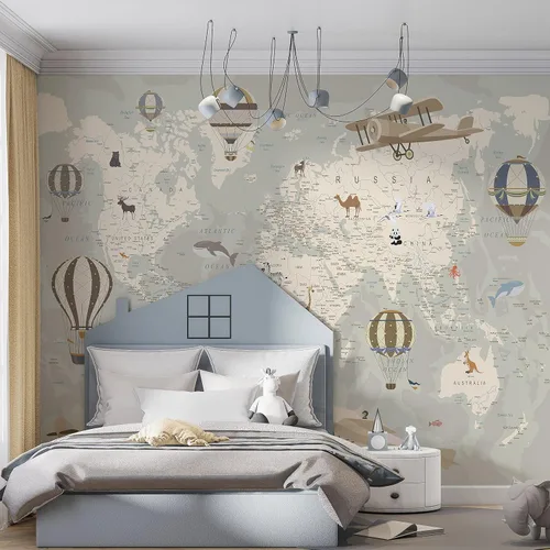 Miniatura 7 de Papel tapiz de mapa del mundo para niños con animales, calcomanías educativas para despegar y pegar, murales de guardería para bebés, niños
