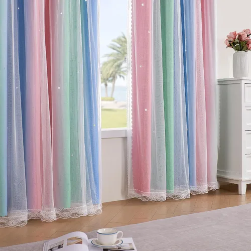 Miniatura 112 de XiDi Cortinas opacas con estrellas para habitaciones de niños, cortinas verdes para ventana de dormitorio de niños, azul y gris, 52 pulgadas de Azul