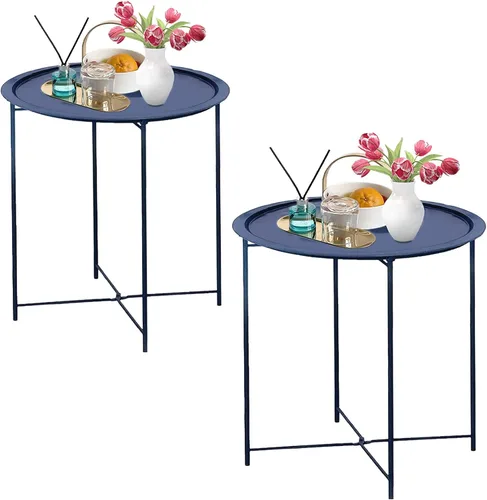 Miniatura 14 de Garden 4 you Juego de 2 mesas auxiliares, mesa auxiliar para exteriores, mesa pequeña para patio, mesa auxiliar de metal, mesa auxiliar redonda Verde
