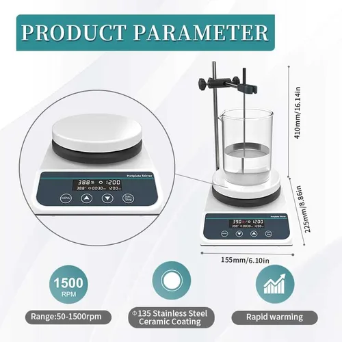 Miniatura 2 de Agitador magnético de placa caliente digital 50-1500rpm, 590.0 °F/590℉, pantalla digital de 5 pulgadas con temporizador, agitador de placa caliente