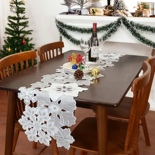 Miniatura 5 de Grelucgo Camino de mesa bordado a máquina y cortado a mano con copos de nieve gris plateado y blanco para vacaciones de Navidad (13.5 x 69 pulgadas)