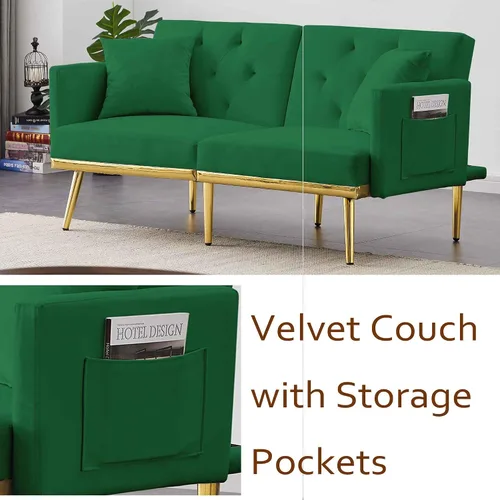 Miniatura 5 de Sofá cama futón convertible de 59 pulgadas, sofá decorativo, moderno sofá de tela de terciopelo con patas de metal y bolsillos de almacenamiento