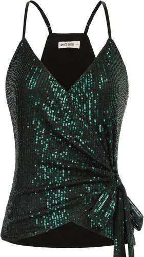 GRACE KARIN Camiseta de lentejuelas para mujer, camiseta sin mangas brillante con cuello en V, sexy, con lazo en la cintura, para fiesta, club,